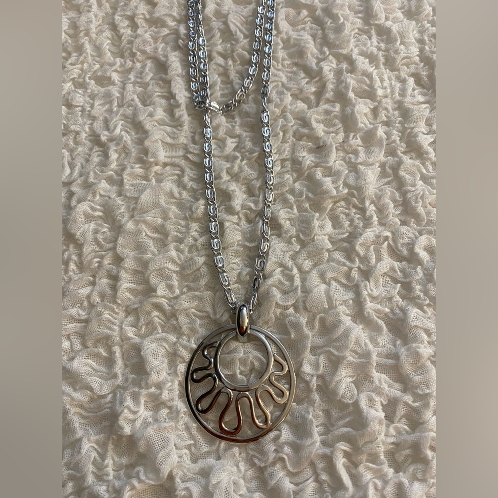 Vintage Sarah Coventry stamped silver long necklace with circular pendant